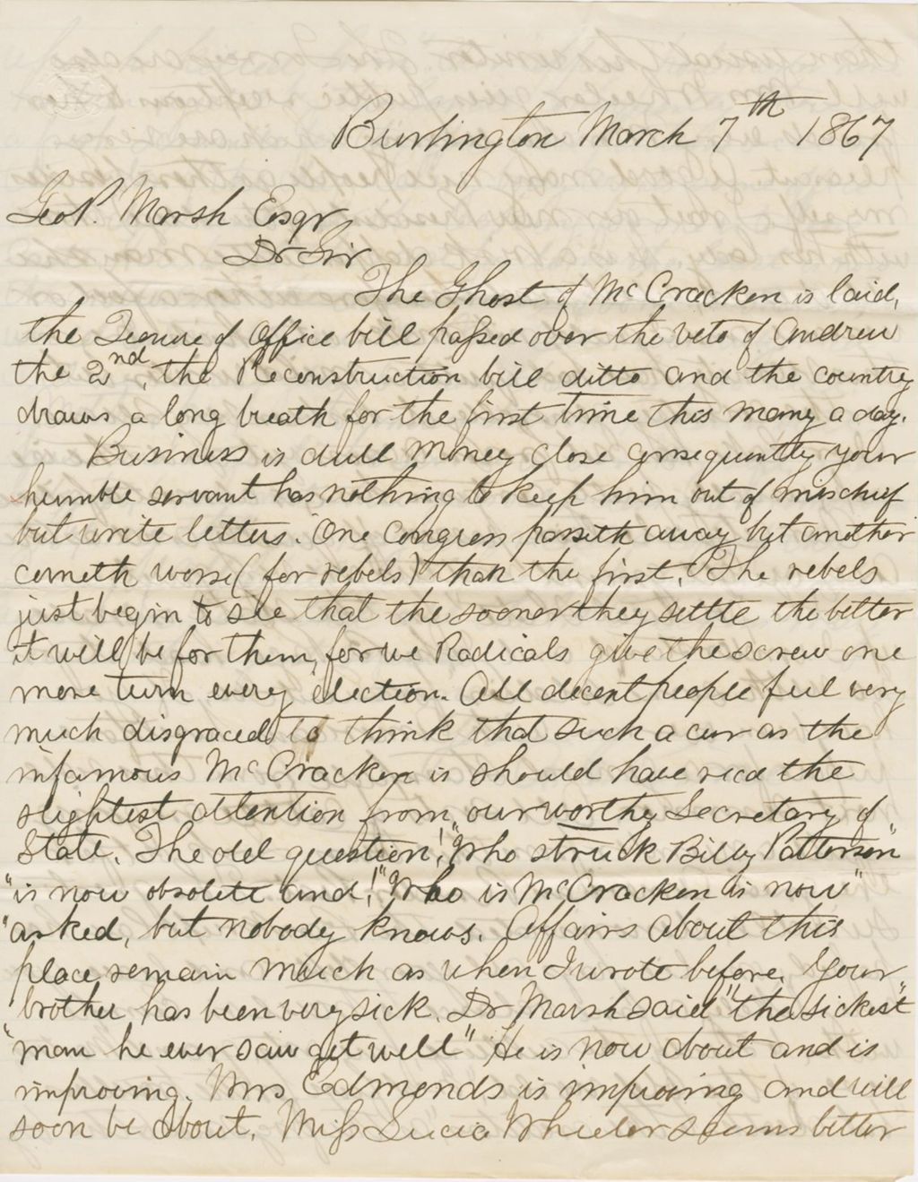 Miniature of Letter from ALBERT G. PEIRCE to GEORGE PERKINS MARSH, dated March 7, 1867.