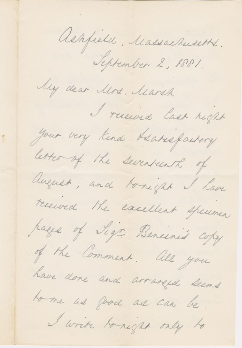 Miniature of Letter from CHARLES ELIOT NORTON to CAROLINE CRANE MARSH, dated September 2, 1881.