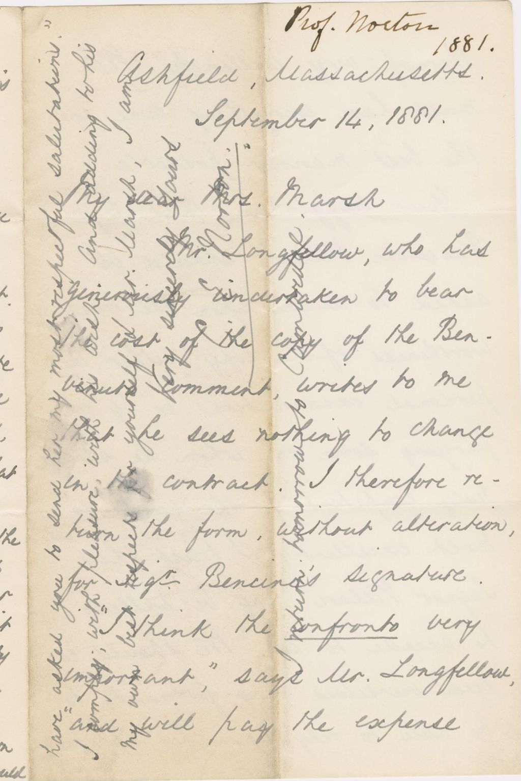 Miniature of Letter from CHARLES ELIOT NORTON to CAROLINE CRANE MARSH, dated September 14, 1881.