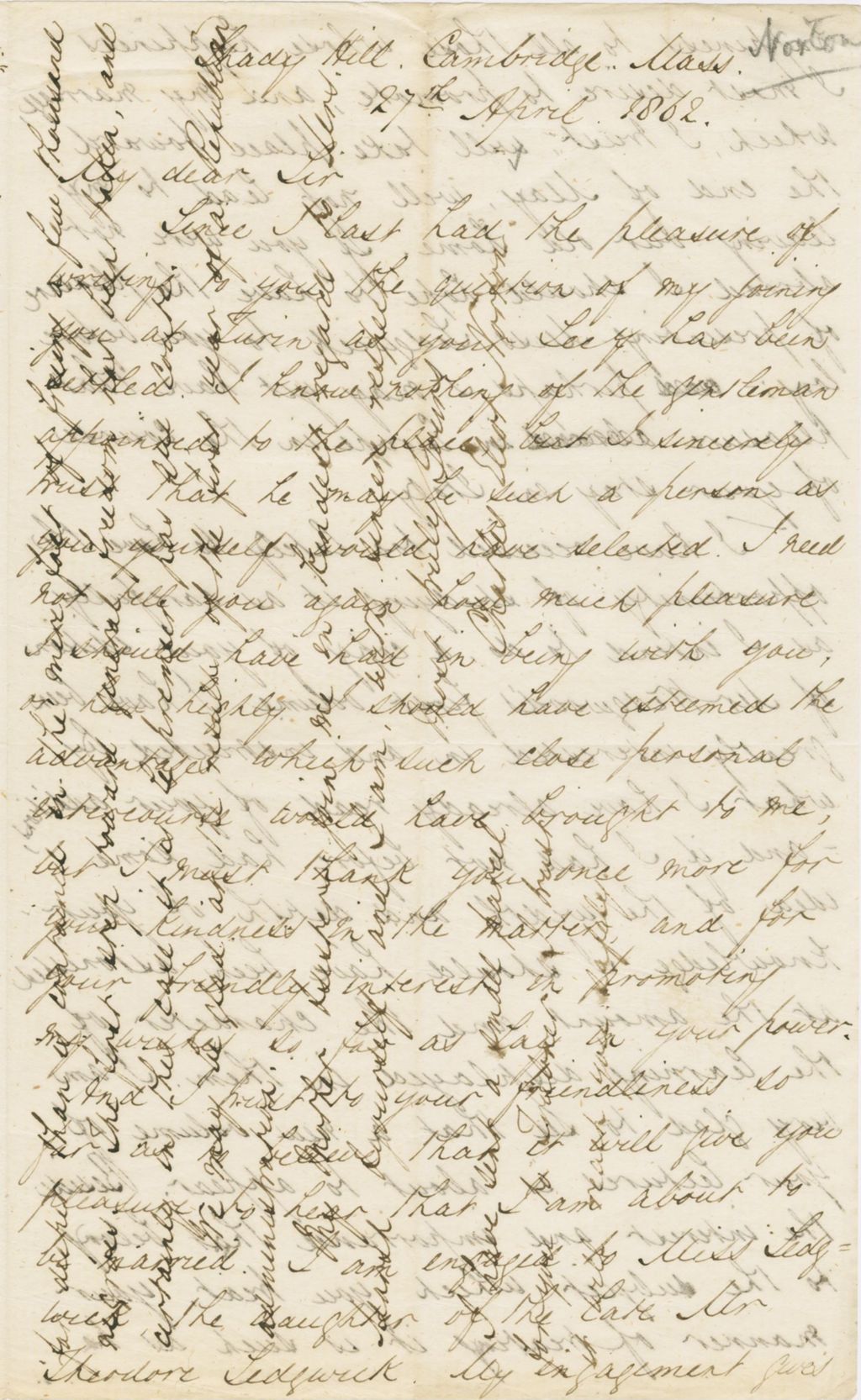 Miniature of Letter from CHARLES ELIOT NORTON to GEORGE PERKINS MARSH, dated April 27, 1862.