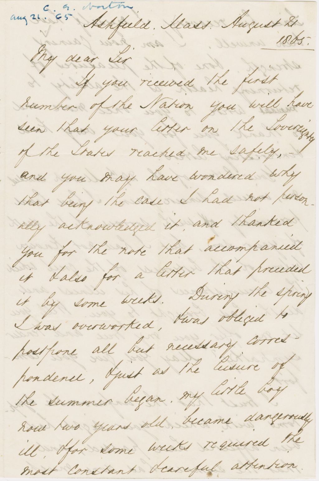 Miniature of Letter from CHARLES ELIOT NORTON to GEORGE PERKINS MARSH, dated August 21, 1865.