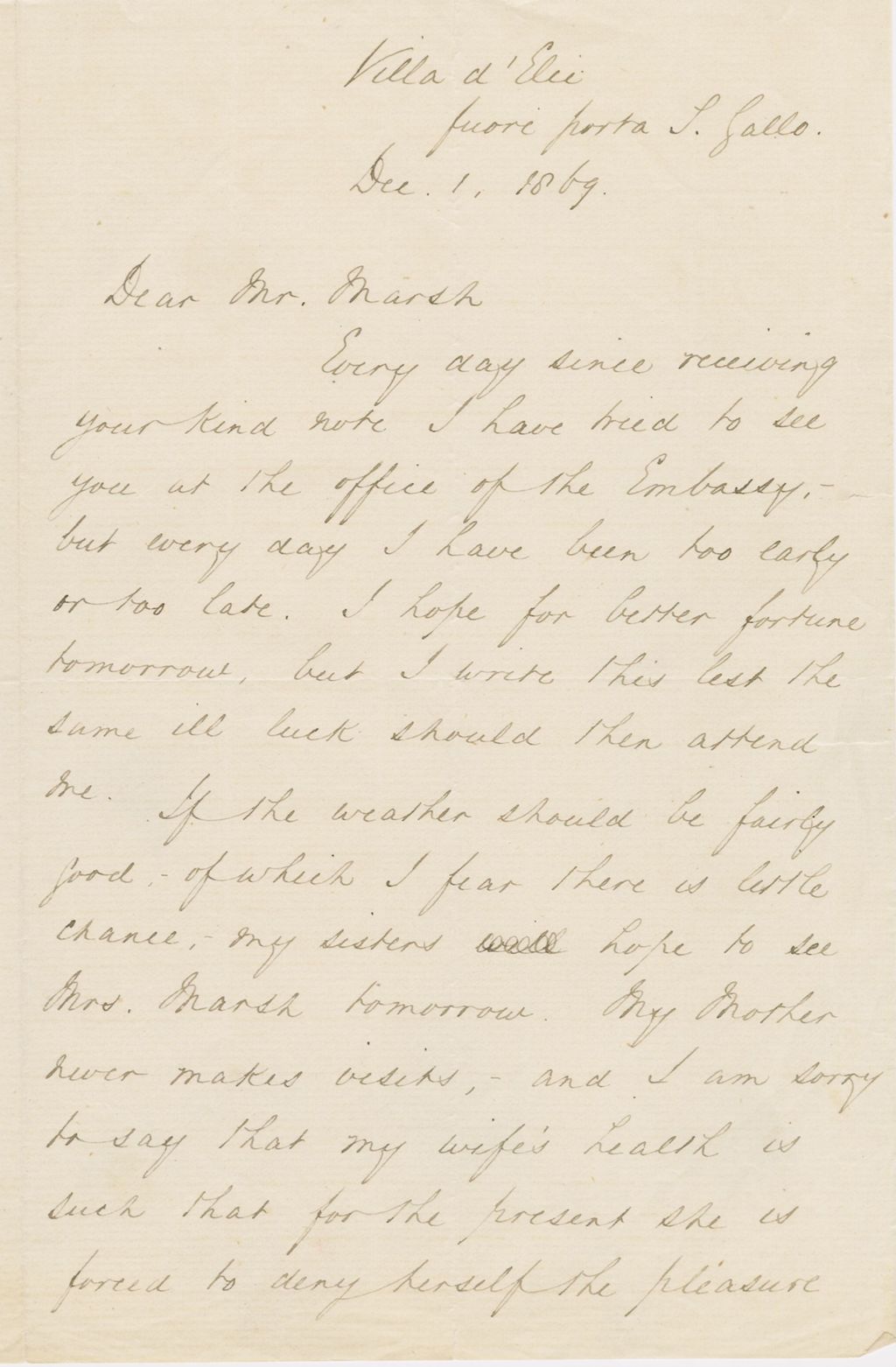 Miniature of Letter from CHARLES ELIOT NORTON to GEORGE PERKINS MARSH, dated December 1, 1869.