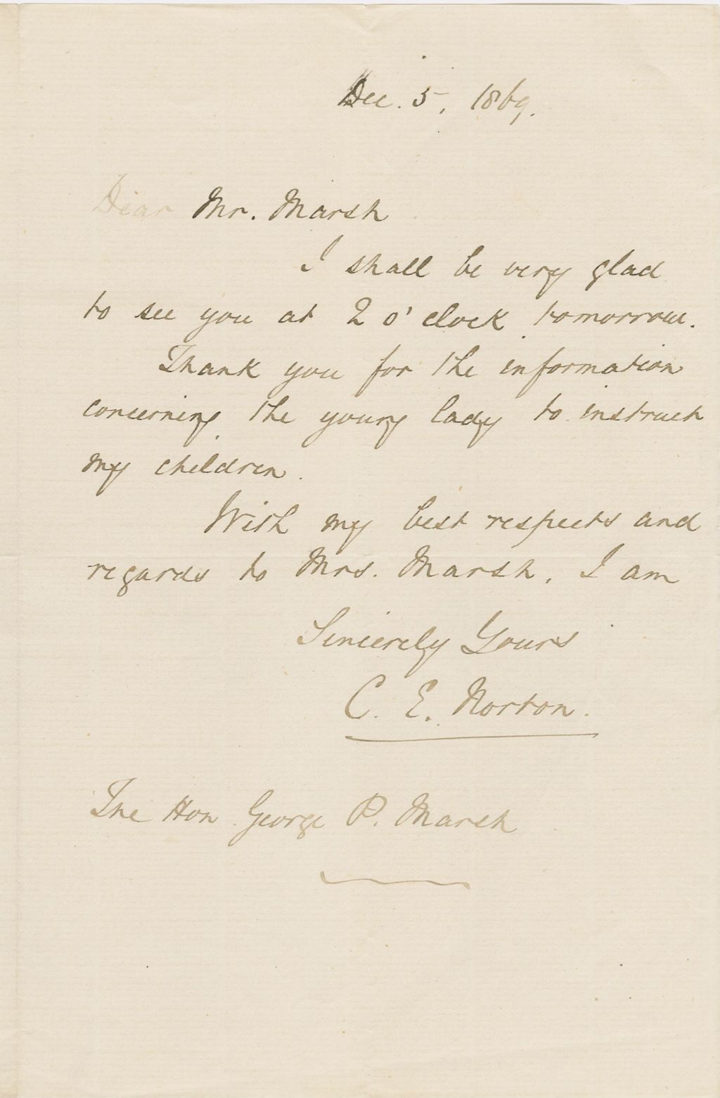 Miniature of Letter from CHARLES ELIOT NORTON to GEORGE PERKINS MARSH, dated December 5, 1869.