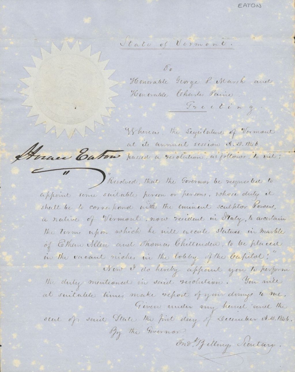 Miniature of Letter from FREDERICK BILLINGS to GEORGE PERKINS MARSH and CHARLES PAINE, dated December 1, 1846.