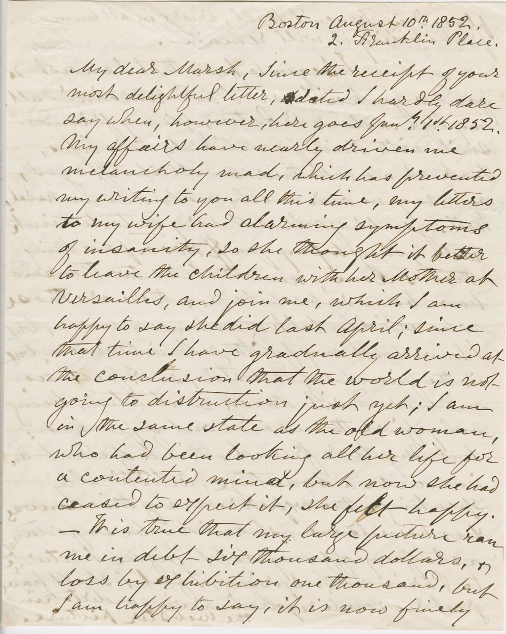 Miniature of Letter from G. P. A. HEALY to GEORGE PERKINS MARSH, dated August 10, 1852.