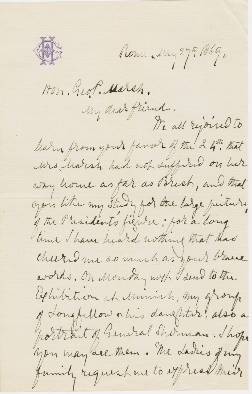 Miniature of Letter from G. P. A. HEALY to GEORGE PERKINS MARSH, dated May 27, 1869.