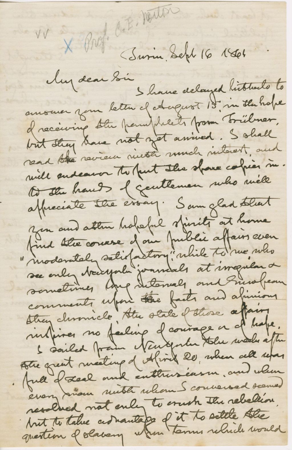 Miniature of Letter from GEORGE PERKINS MARSH to CHARLES ELIOT NORTON, dated September 16, 1861.