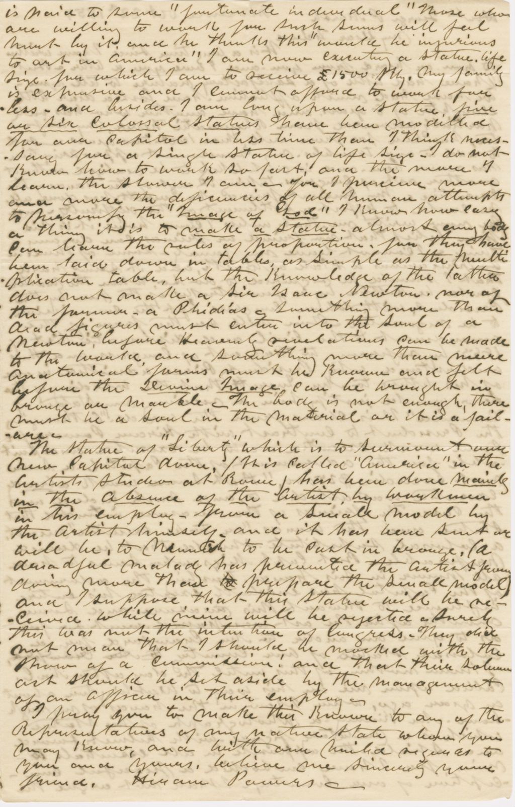 Miniature of Letter from HIRAM POWERS to GEORGE PERKINS MARSH, dated October 22, 1857.