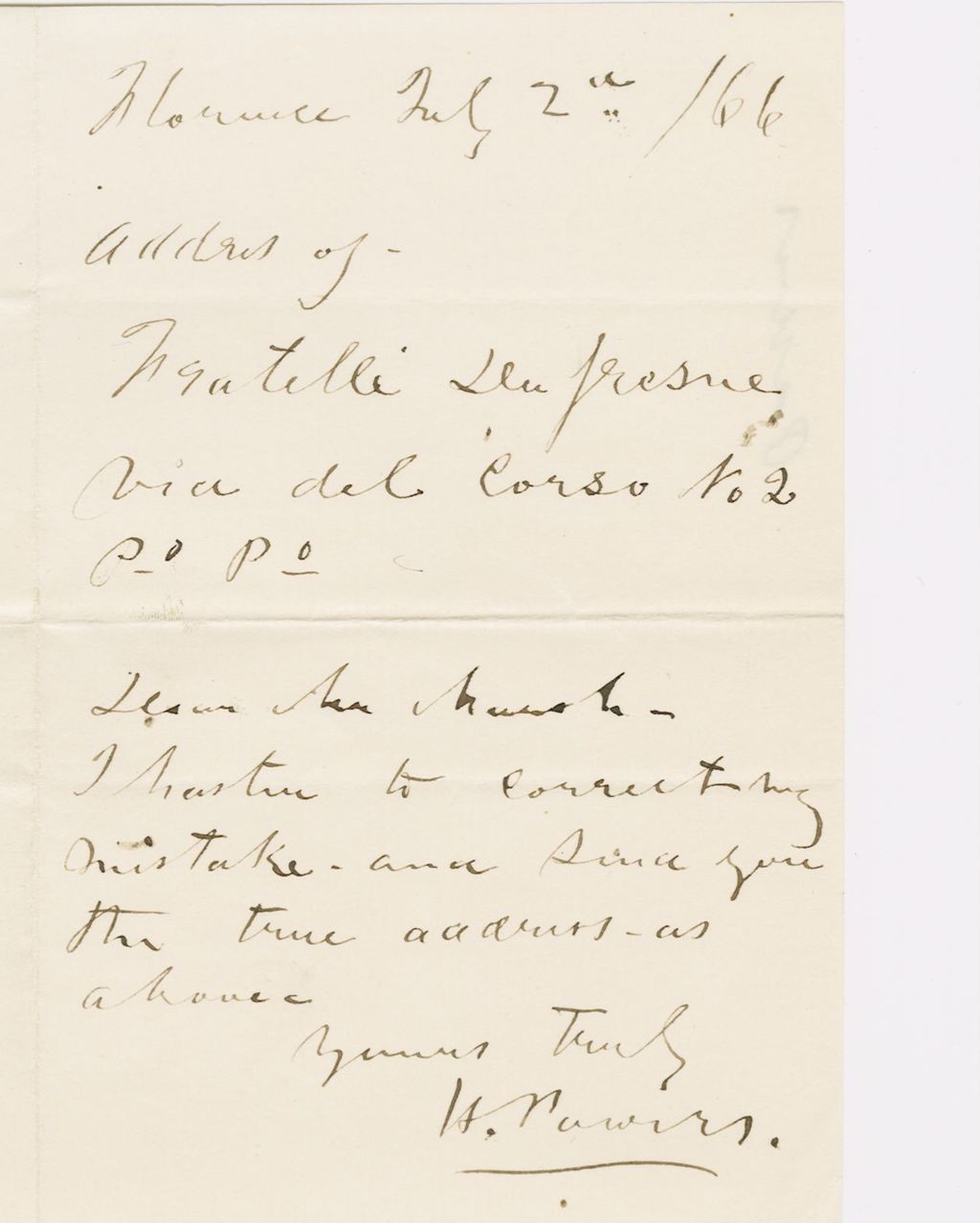 Miniature of Letter from HIRAM POWERS to GEORGE PERKINS MARSH, dated July 2, 1866.