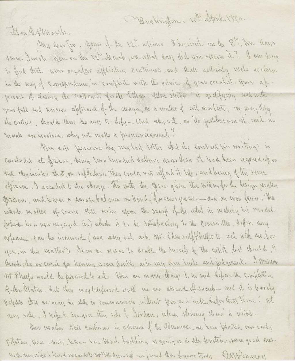 Miniature of Letter from JOHN NORTON POMEROY to GEORGE PERKINS MARSH, dated April 10, 1870.