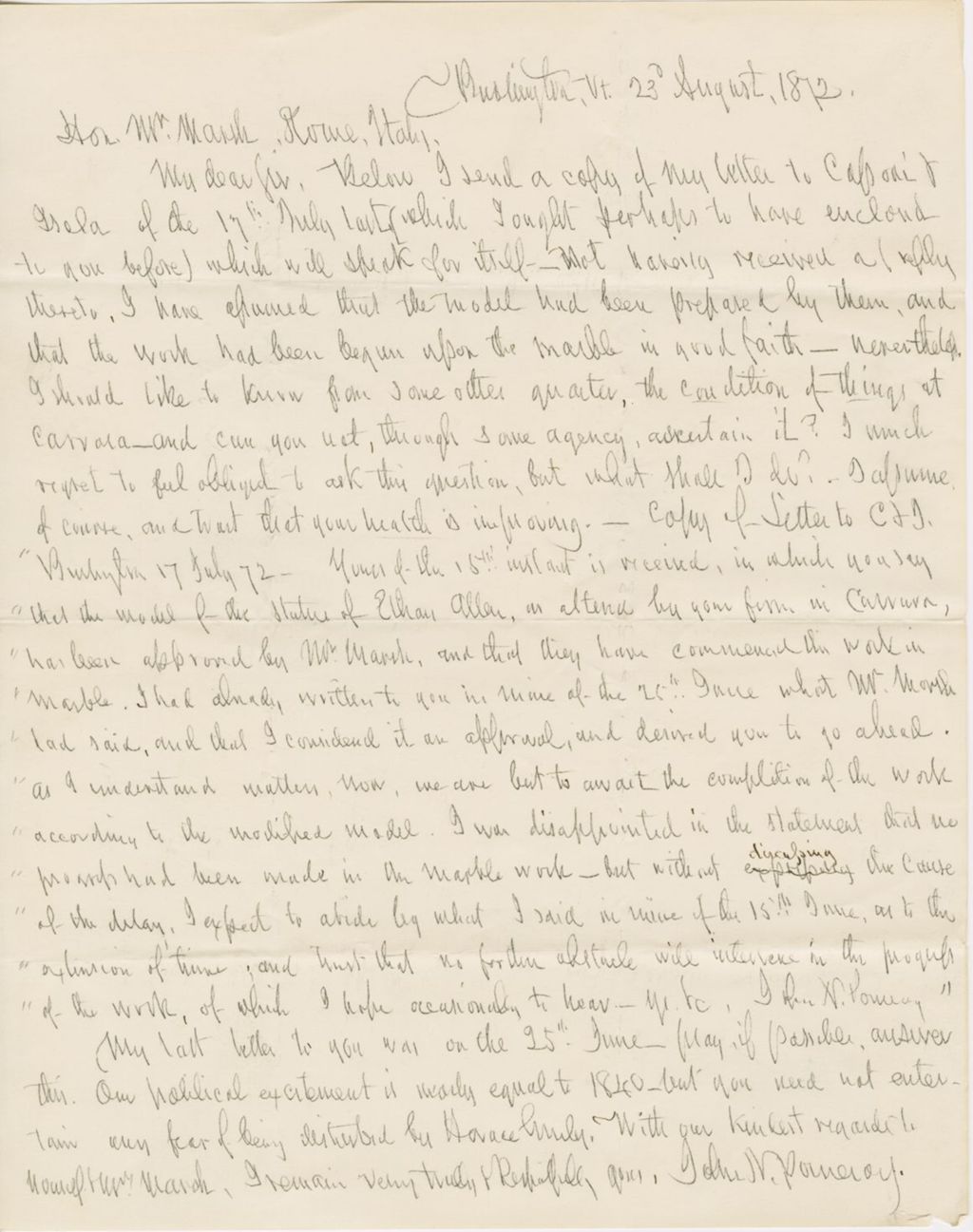 Miniature of Letter from JOHN NORTON POMEROY to GEORGE PERKINS MARSH, dated August 23, 1872.