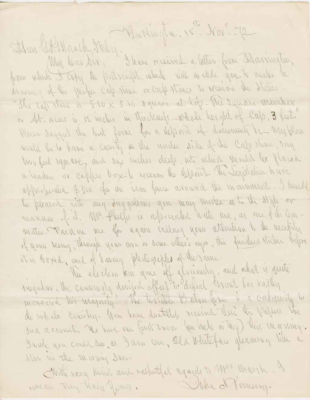 Miniature of Letter from JOHN NORTON POMEROY to GEORGE PERKINS MARSH, dated November 15, 1872.