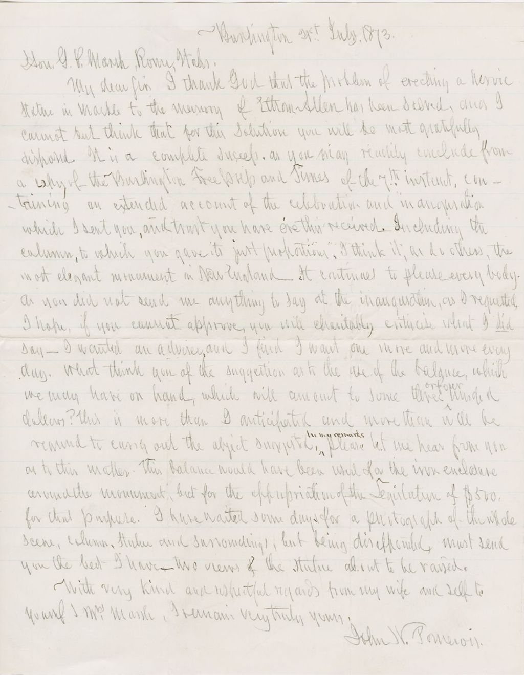 Miniature of Letter from JOHN NORTON POMEROY to GEORGE PERKINS MARSH, dated July 21, 1873.