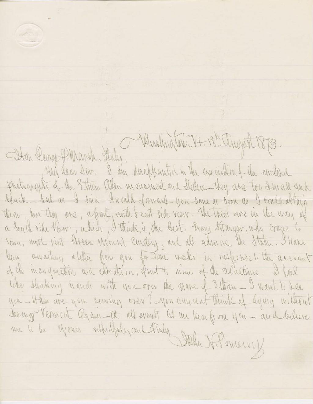 Miniature of Letter from JOHN NORTON POMEROY to GEORGE PERKINS MARSH, dated August 18, 1873.