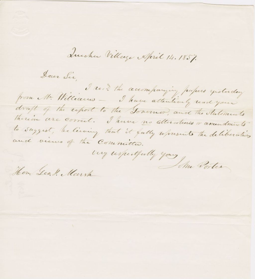 Miniature of Letter from JOHN PORTER to GEORGE PERKINS MARSH, dated April 14, 1857.