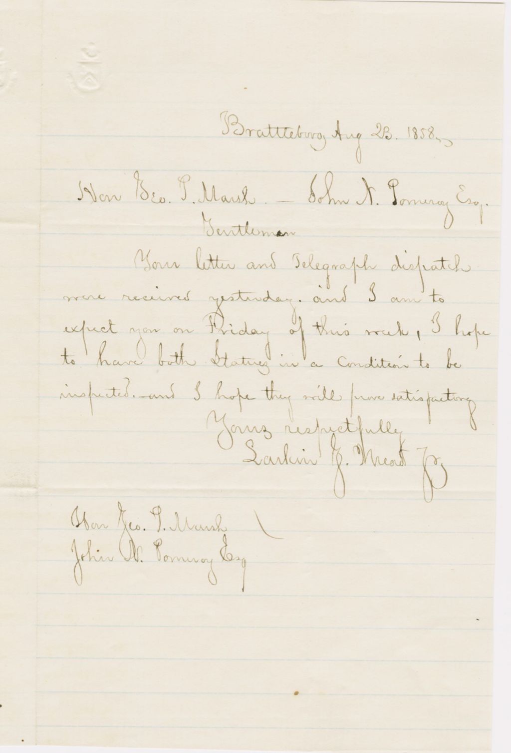 Miniature of Letter from LARKIN GOLDSMITH MEAD to GEORGE PERKINS MARSH and JOHN NORTON POMEROY, dated August 23, 1858.