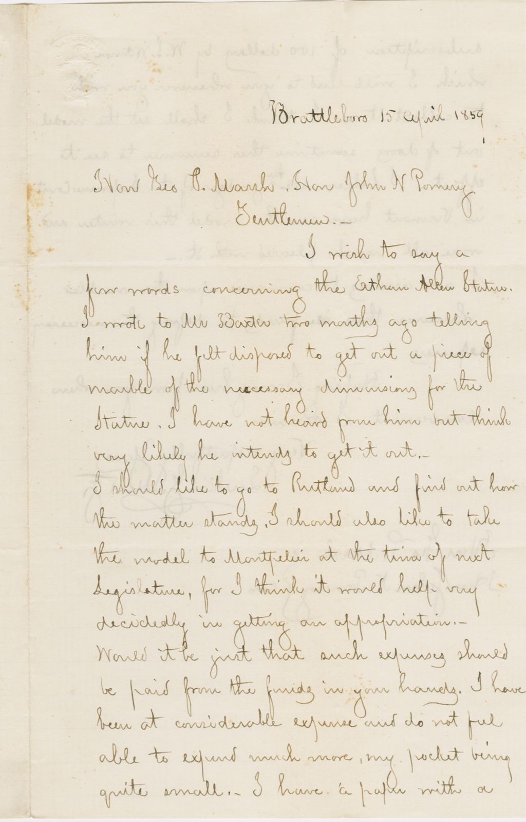 Miniature of Letter from LARKIN GOLDSMITH MEAD to GEORGE PERKINS MARSH and JOHN NORTON POMEROY, dated April 15, 1859.