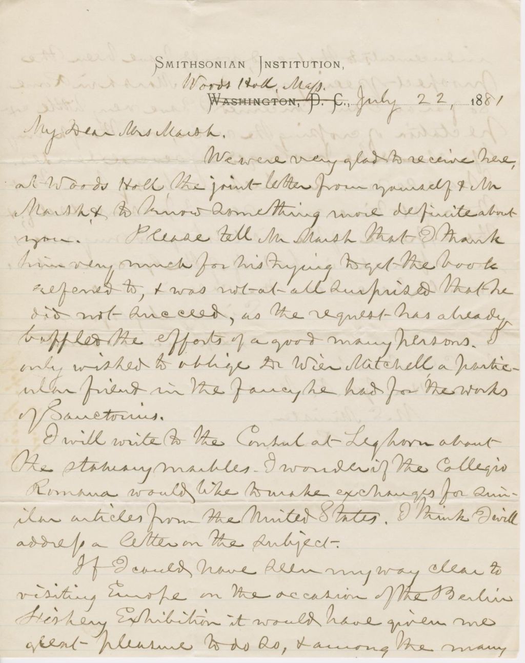 Miniature of Letter from SPENCER FULLERTON BAIRD to CAROLINE CRANE MARSH, dated July 22, 1881.