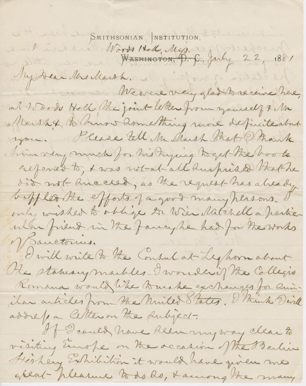 Miniature of Letter from SPENCER FULLERTON BAIRD to CAROLINE CRANE MARSH, dated July 22, 1881.