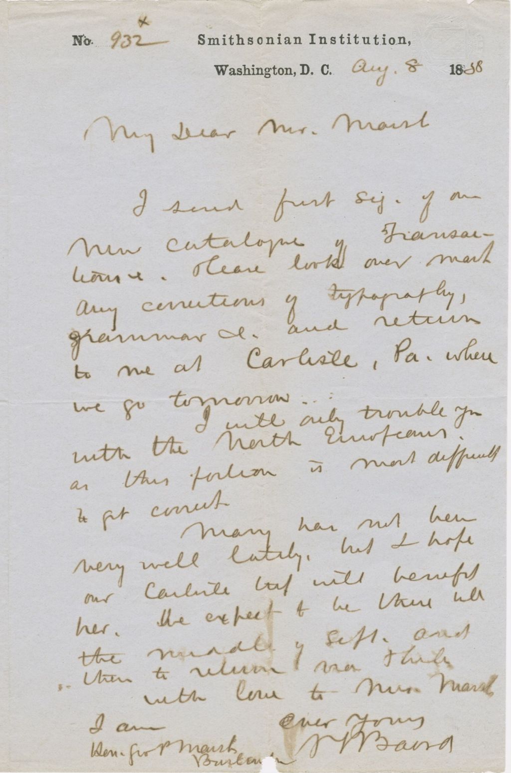 Miniature of Letter from SPENCER FULLERTON BAIRD to GEORGE PERKINS MARSH, dated August 8, 1858.