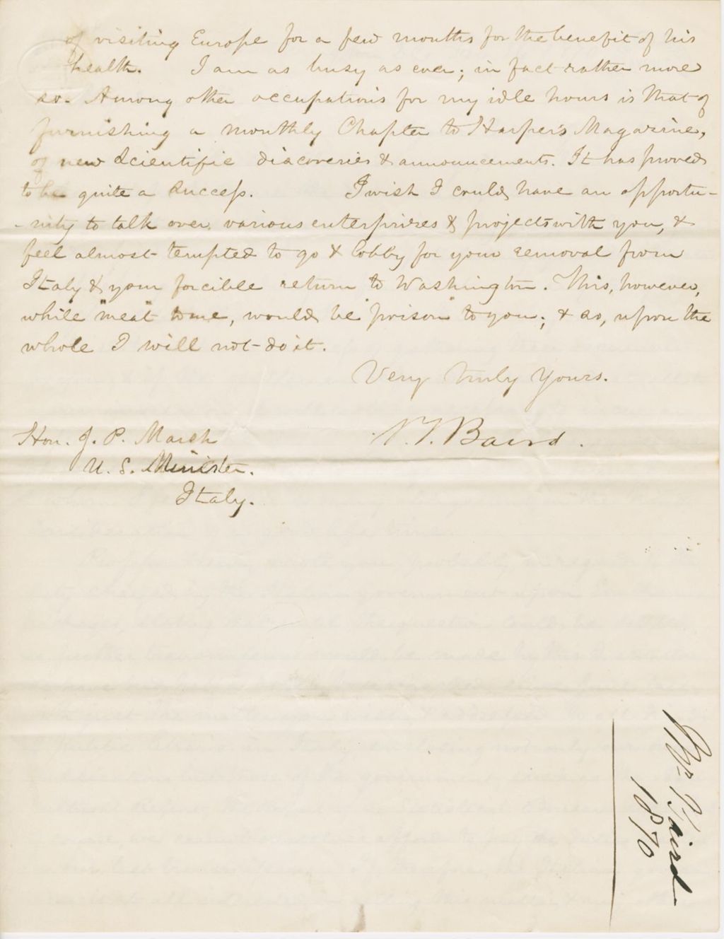 Miniature of Letter from SPENCER FULLERTON BAIRD to GEORGE PERKINS MARSH, dated February 26, 1870.