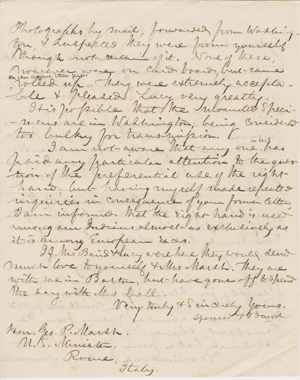 Miniature of Letter from SPENCER FULLERTON BAIRD to GEORGE PERKINS MARSH, dated October 11, 1872.