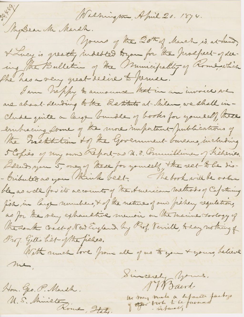 Miniature of Letter from SPENCER FULLERTON BAIRD to GEORGE PERKINS MARSH, dated April 20, 1874.