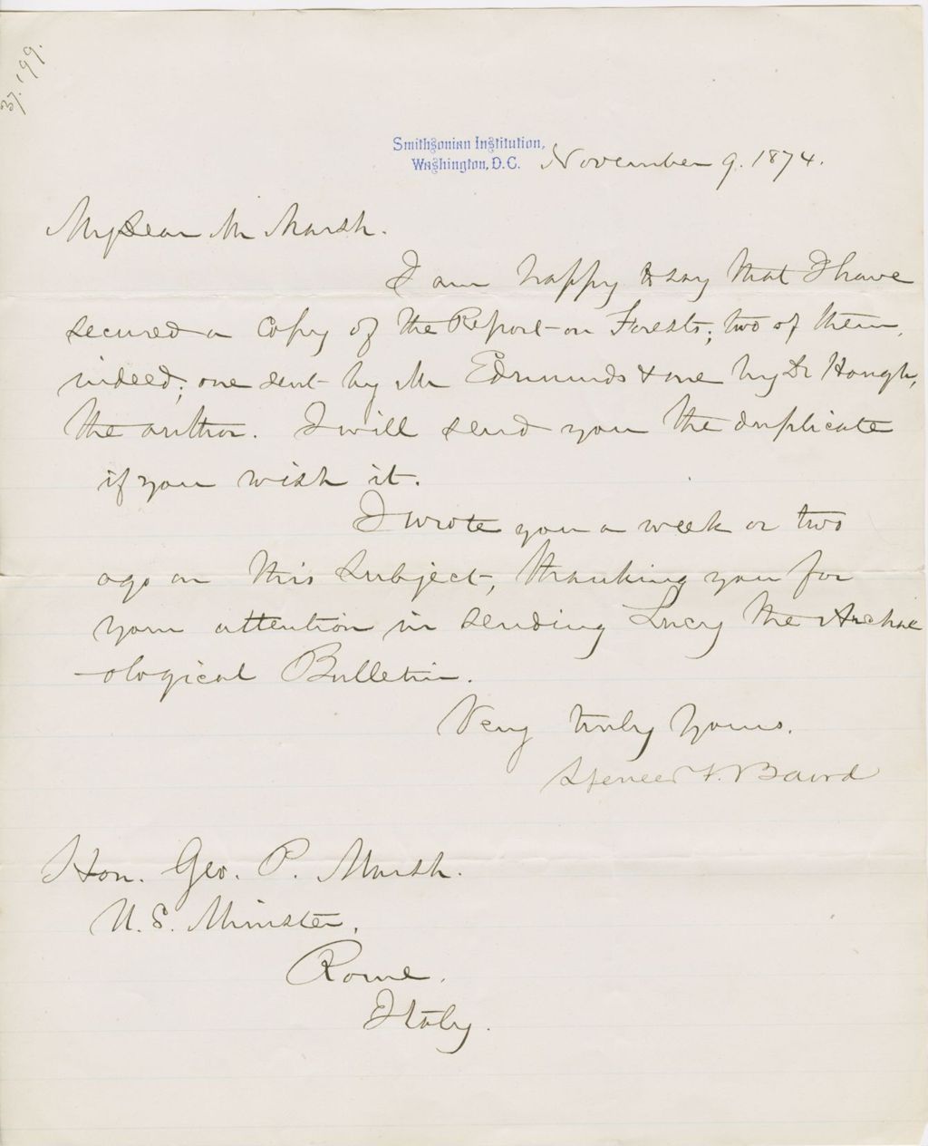 Miniature of Letter from SPENCER FULLERTON BAIRD to GEORGE PERKINS MARSH, dated November 9, 1874.