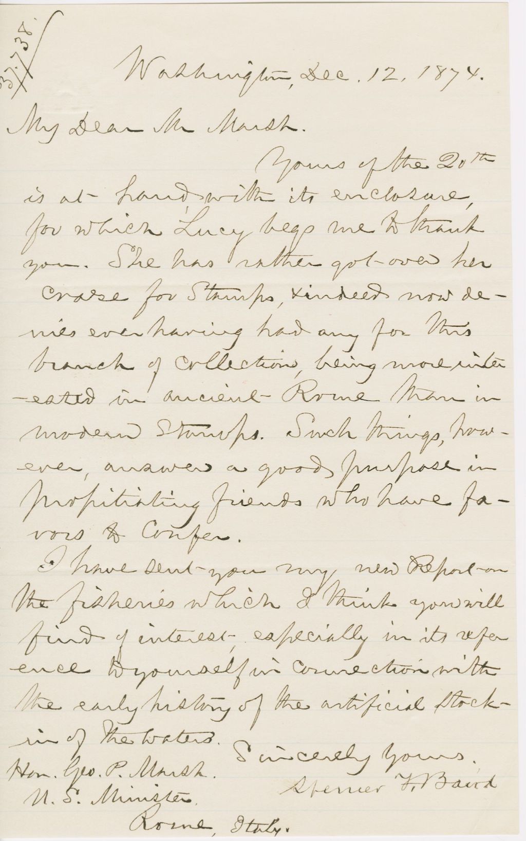 Miniature of Letter from SPENCER FULLERTON BAIRD to GEORGE PERKINS MARSH, dated December 12, 1874.