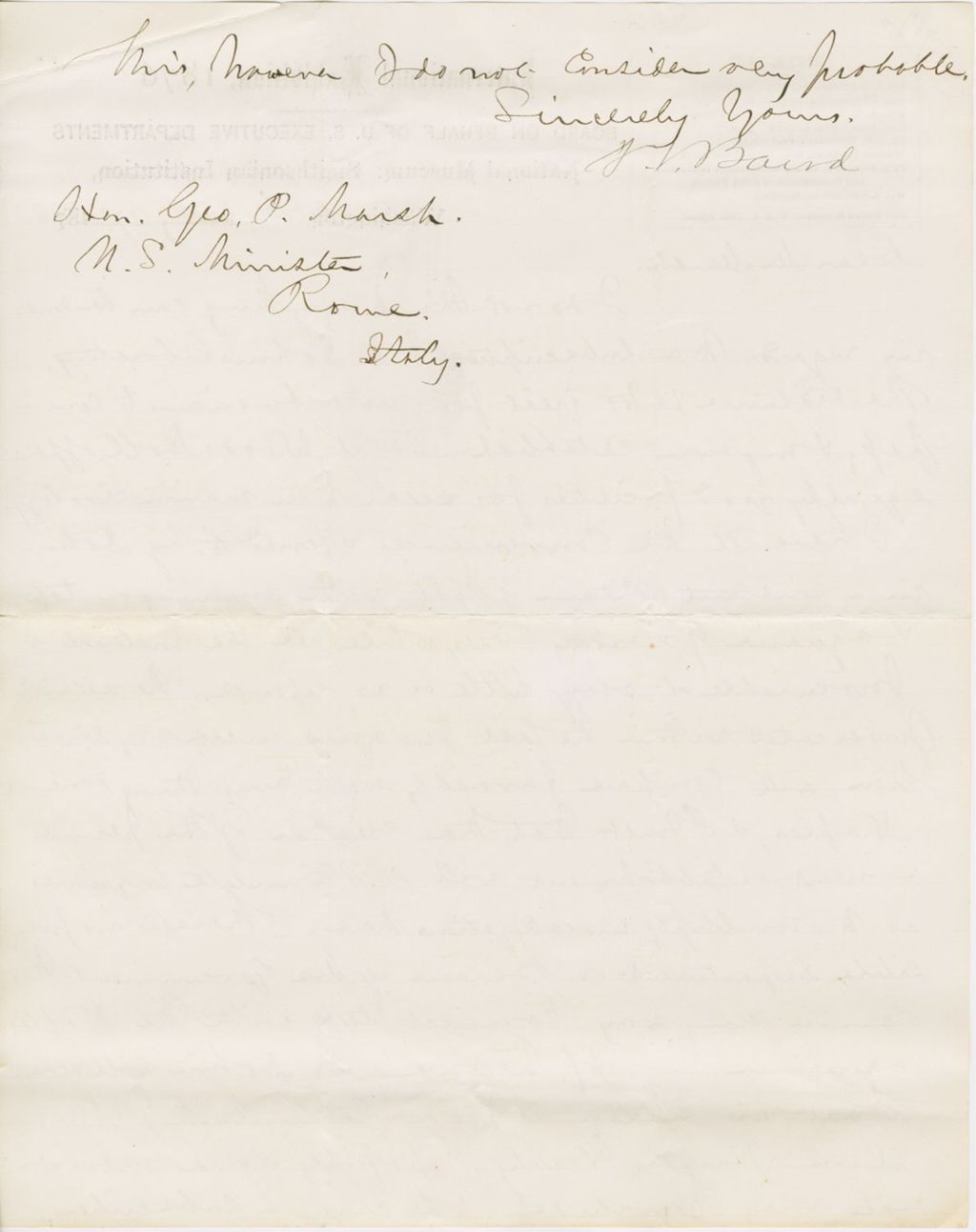 Miniature of Letter from SPENCER FULLERTON BAIRD to GEORGE PERKINS MARSH, dated February 17, 1876.