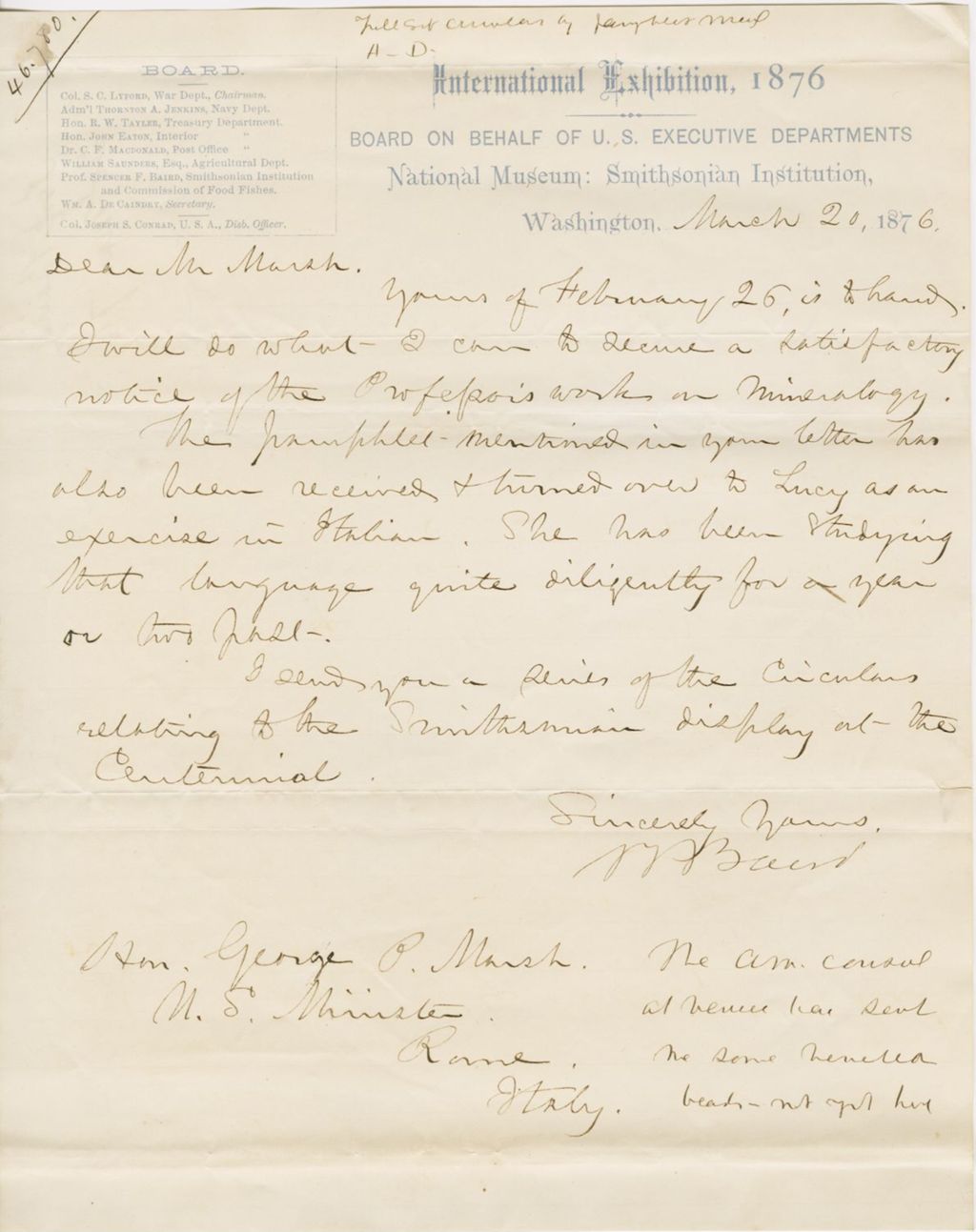 Miniature of Letter from SPENCER FULLERTON BAIRD to GEORGE PERKINS MARSH, dated March 20, 1876.