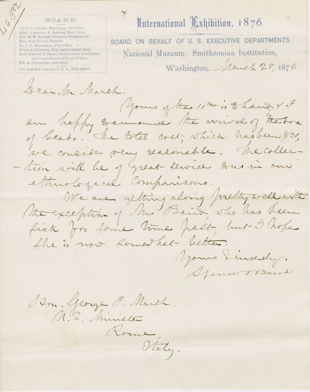 Miniature of Letter from SPENCER FULLERTON BAIRD to GEORGE PERKINS MARSH, dated March 28, 1876.