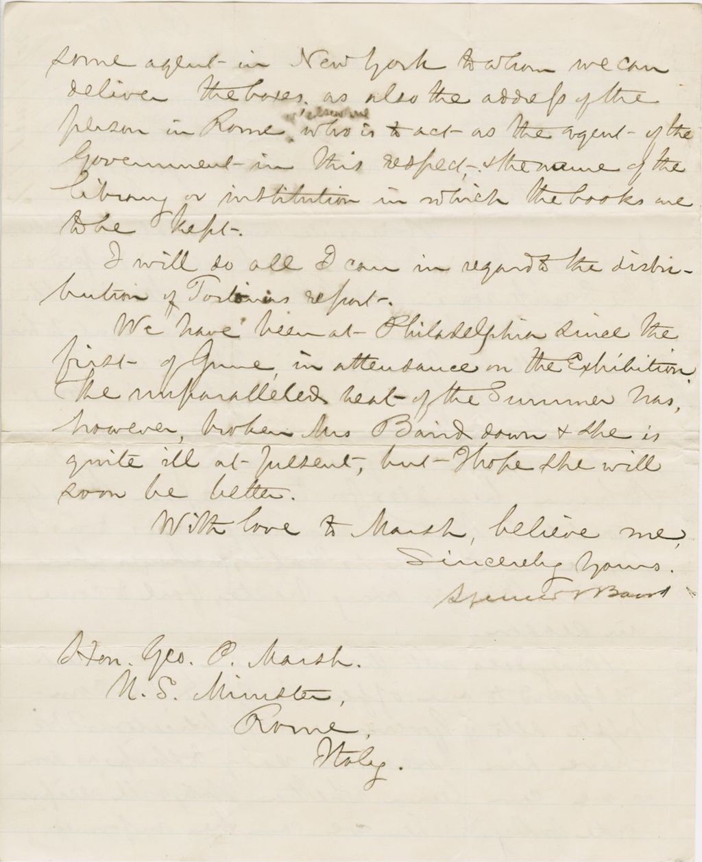 Miniature of Letter from SPENCER FULLERTON BAIRD to GEORGE PERKINS MARSH, dated July 17, 1876.