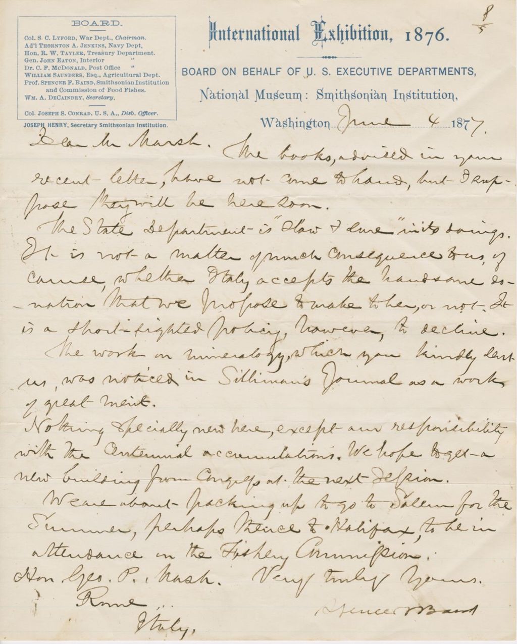 Miniature of Letter from SPENCER FULLERTON BAIRD to GEORGE PERKINS MARSH, dated June 4, 1877.