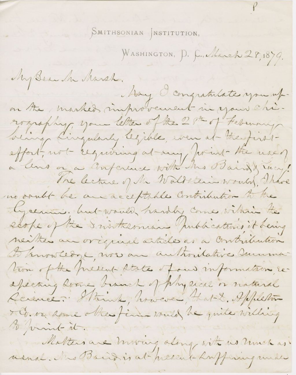 Miniature of Letter from SPENCER FULLERTON BAIRD to GEORGE PERKINS MARSH, dated March 28, 1879.