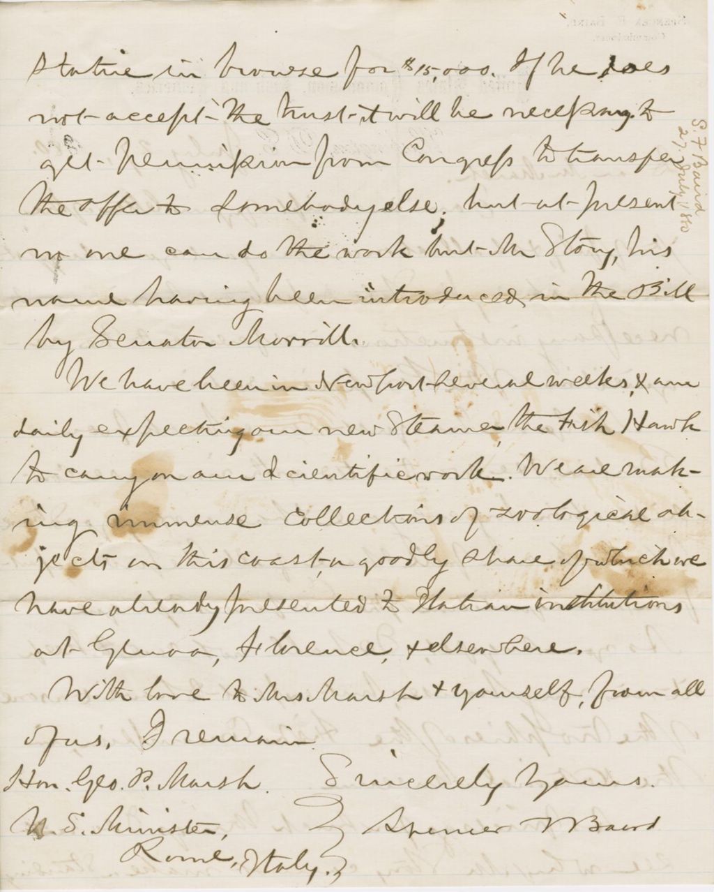 Miniature of Letter from SPENCER FULLERTON BAIRD to GEORGE PERKINS MARSH, dated July 27, 1880.