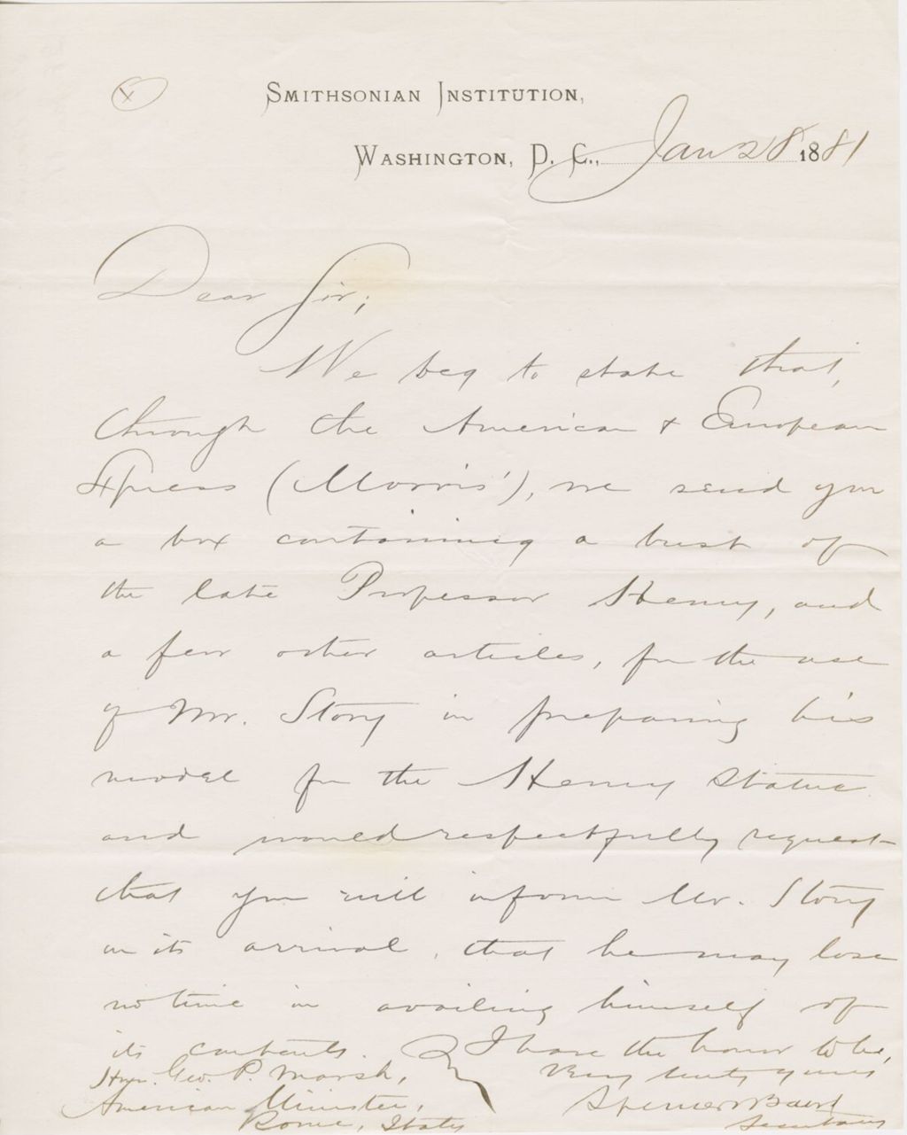 Miniature of Letter from SPENCER FULLERTON BAIRD to GEORGE PERKINS MARSH, dated January 28, 1881.