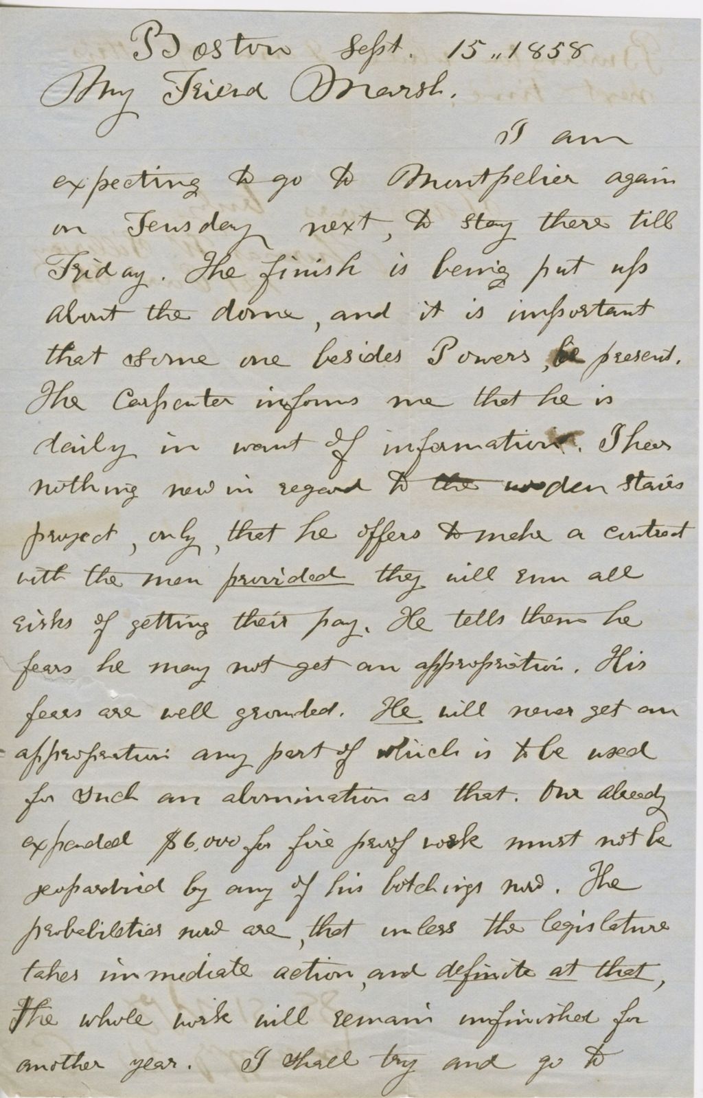 Miniature of Letter from THOMAS WILLIAM SILLOWAY to GEORGE PERKINS MARSH, dated September 15, 1858.