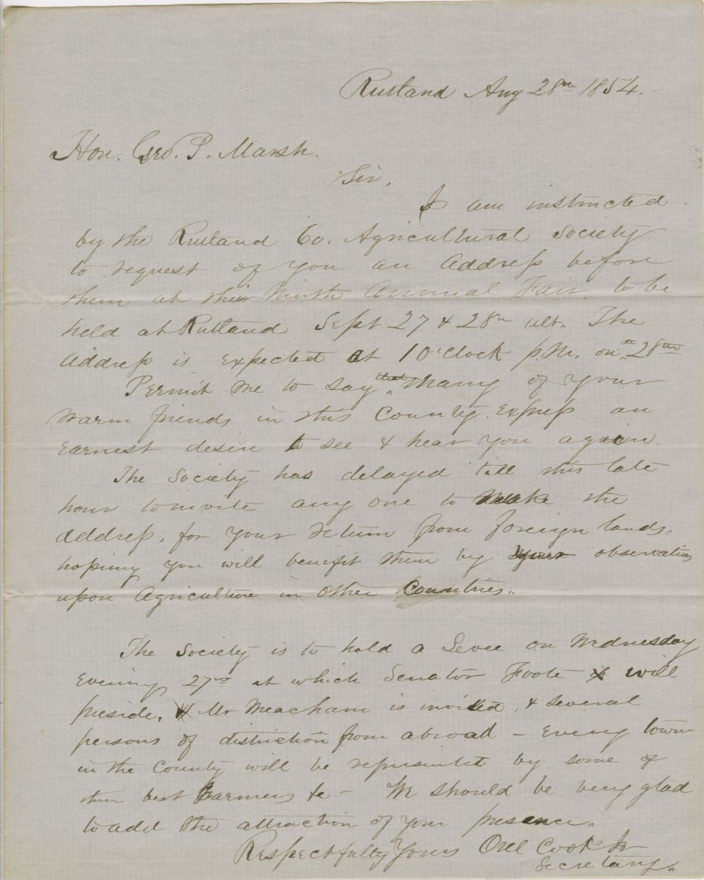 Miniature of Letter from OREL COOK, JR. to GEORGE PERKINS MARSH, dated August 28, 1854.