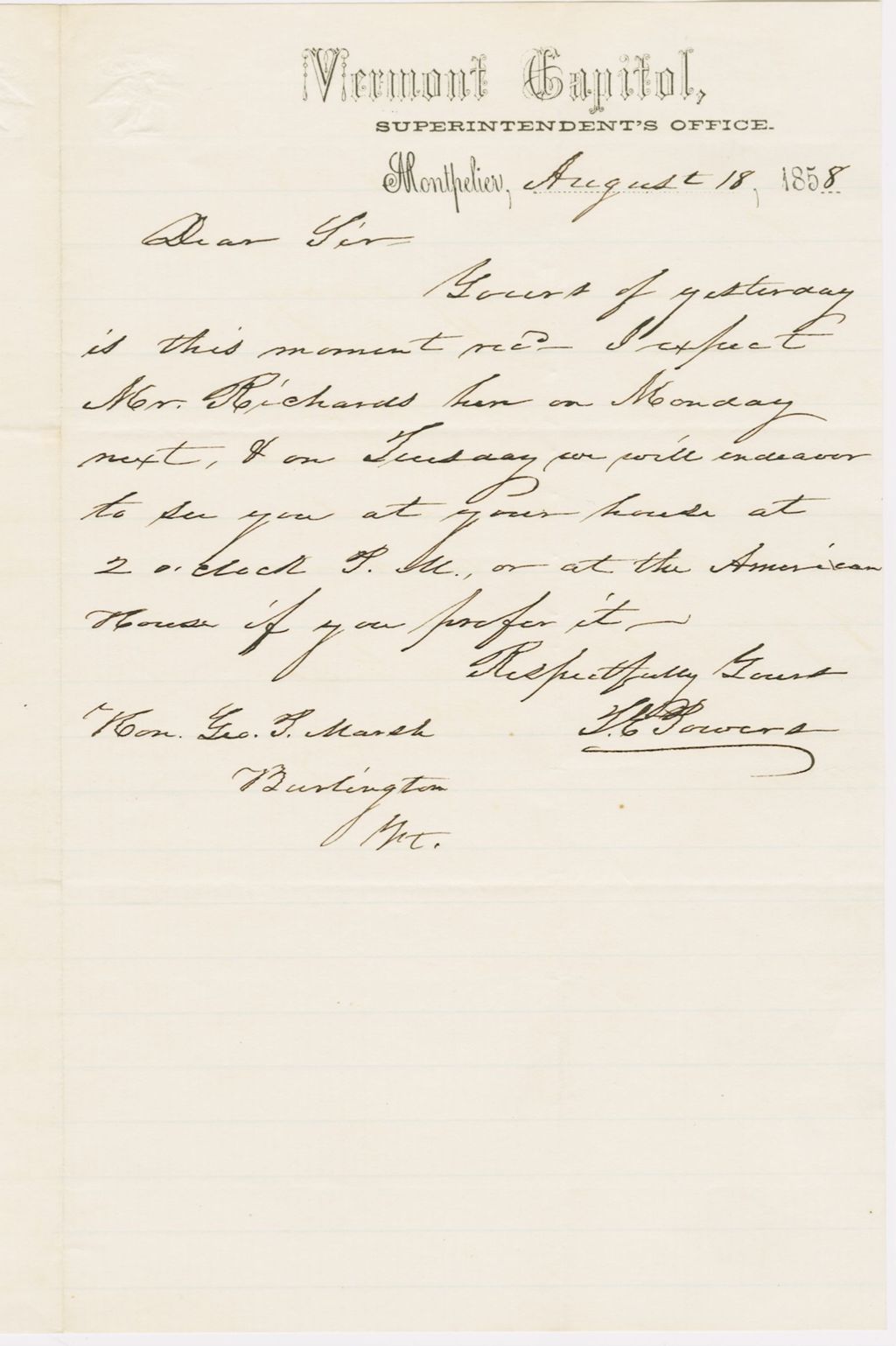 Miniature of Letter from THOMAS E. POWERS to GEORGE PERKINS MARSH, dated August 18, 1858.