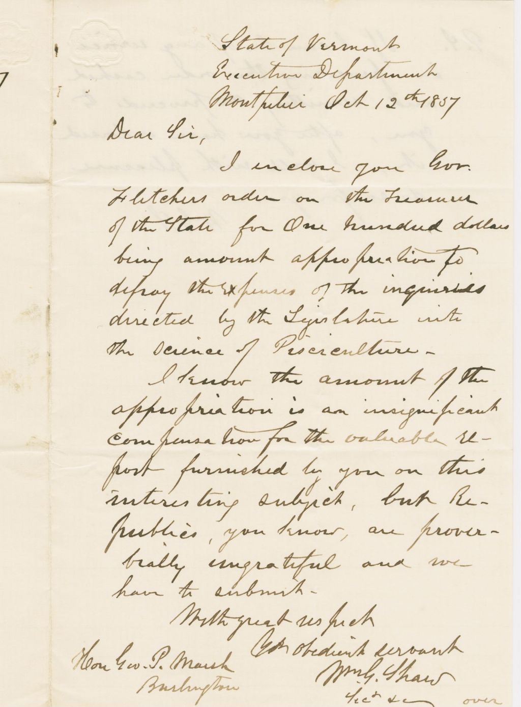 Miniature of Letter from WILLIAM GOODHUE SHAW to GEORGE PERKINS MARSH, dated October 12, 1857.