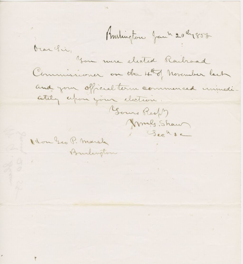 Miniature of Letter from WILLIAM GOODHUE SHAW to GEORGE PERKINS MARSH, dated January 20, 1858.