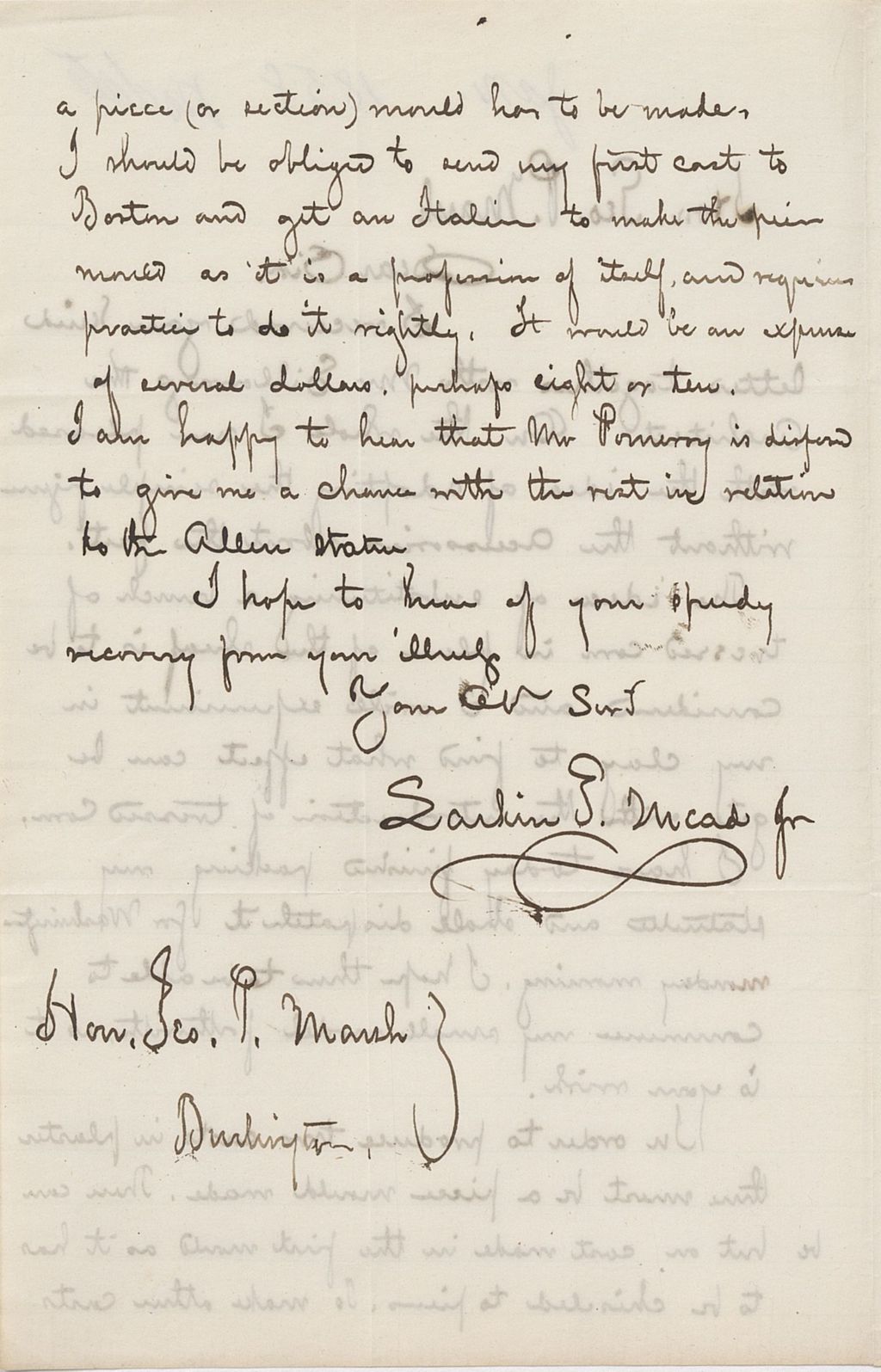 Miniature of Letter from LARKIN GOLDSMITH MEAD to GEORGE PERKINS MARSH, dated January 1858.