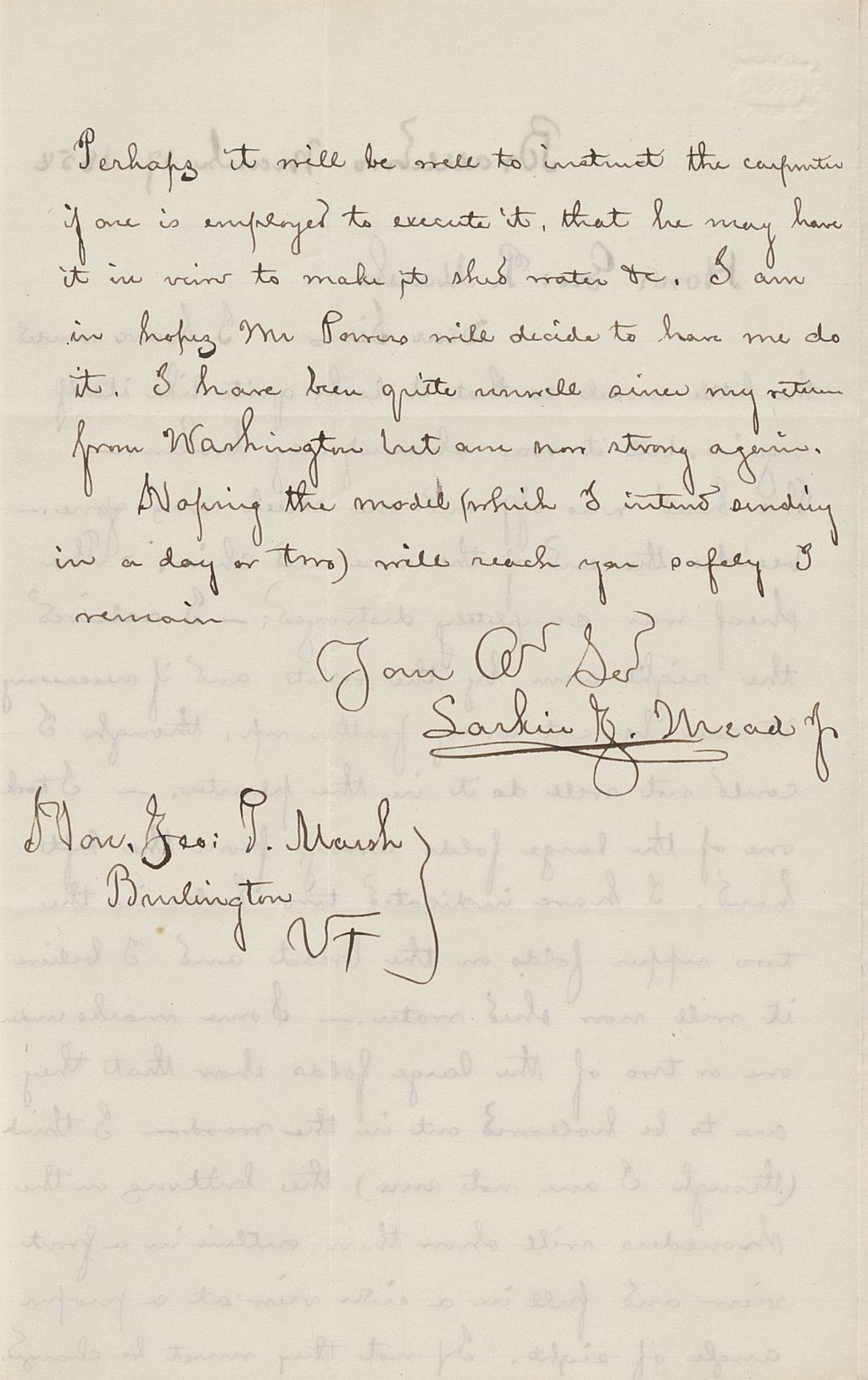 Miniature of Letter from LARKIN GOLDSMITH MEAD to GEORGE PERKINS MARSH, dated March 17, 1858.