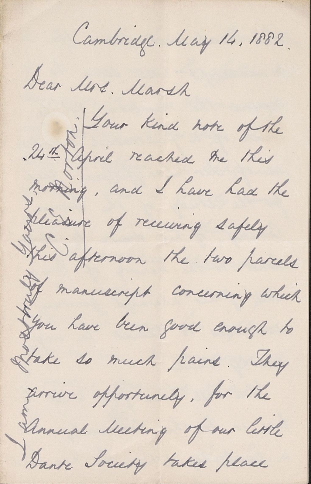 Miniature of Letter from CHARLES ELIOT NORTON to CAROLINE CRANE MARSH, dated May 14, 1882.