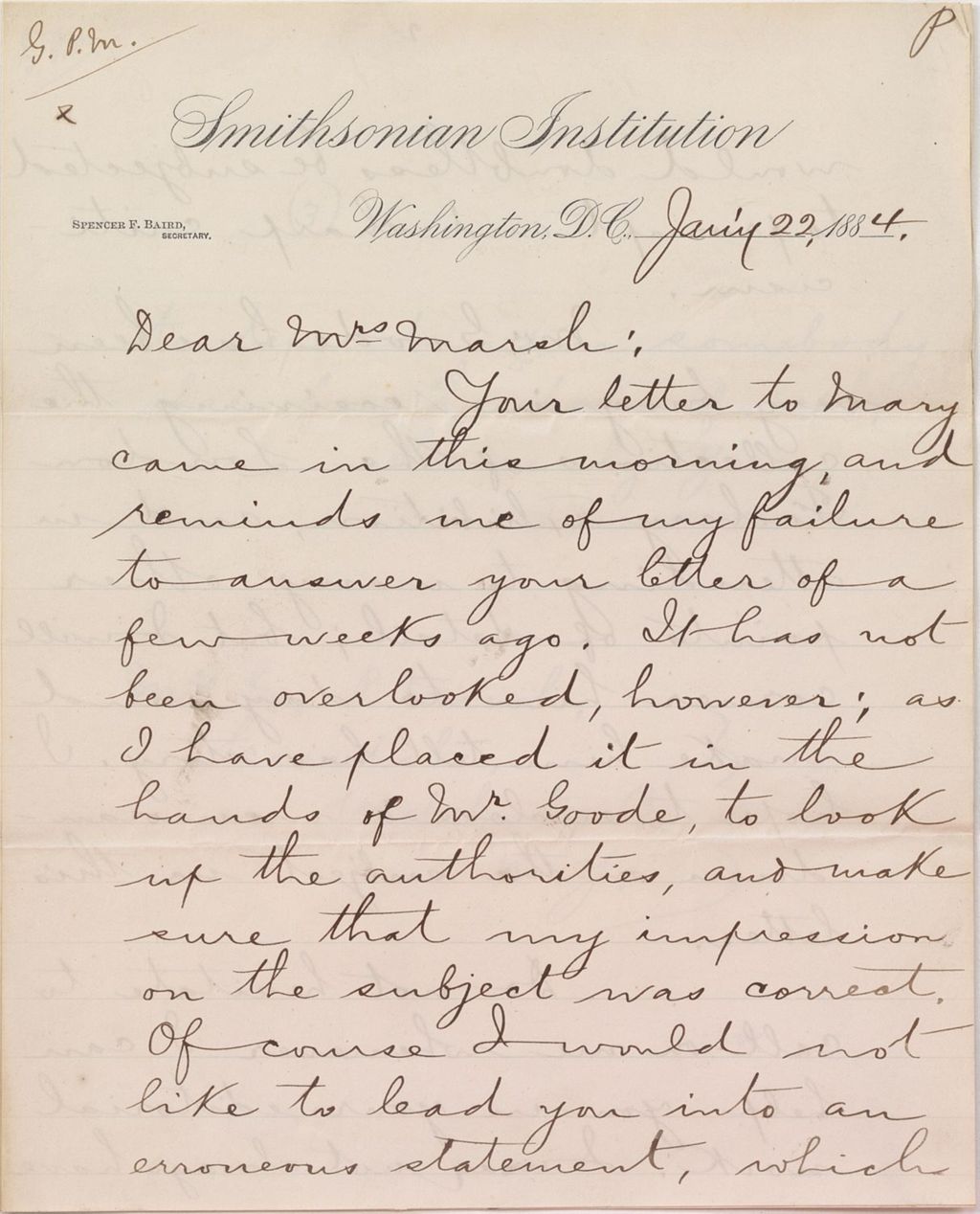 Miniature of Letter from SPENCER FULLERTON BAIRD to CAROLINE CRANE MARSH, dated January 22, 1884.