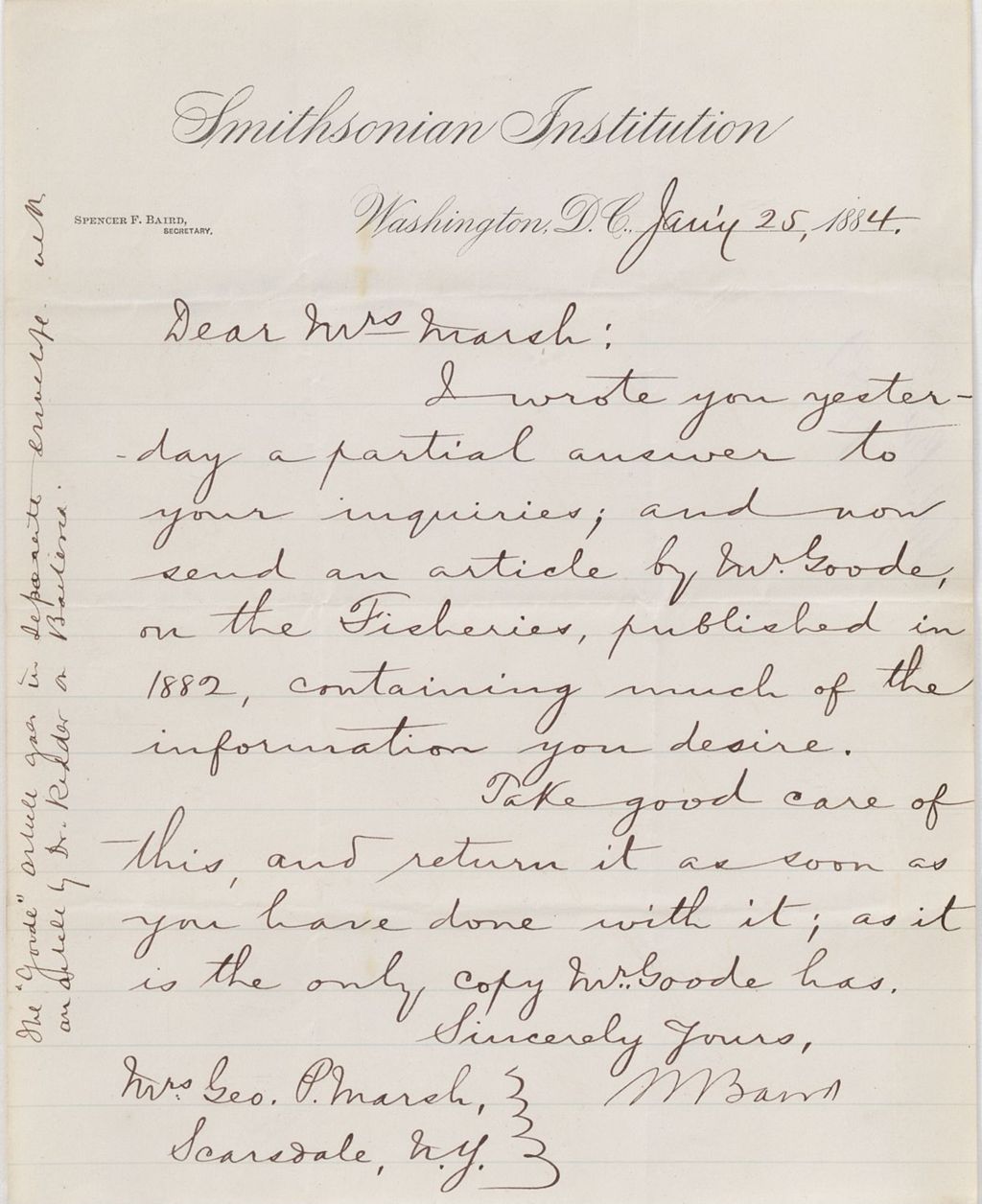 Miniature of Letter from SPENCER FULLERTON BAIRD to CAROLINE CRANE MARSH, dated January 25, 1884.