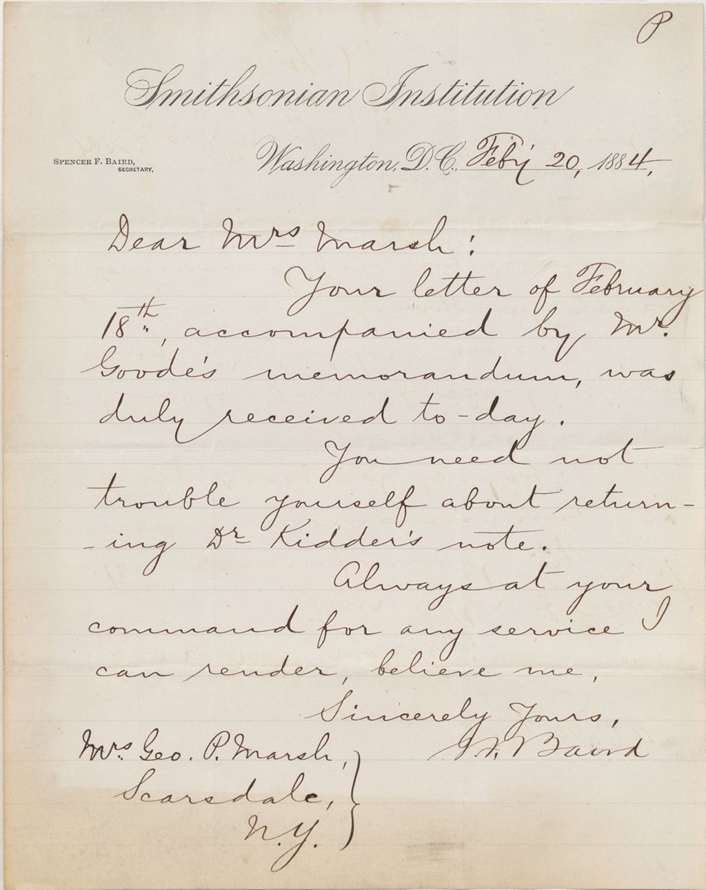 Miniature of Letter from SPENCER FULLERTON BAIRD to CAROLINE CRANE MARSH, dated February 20, 1884.