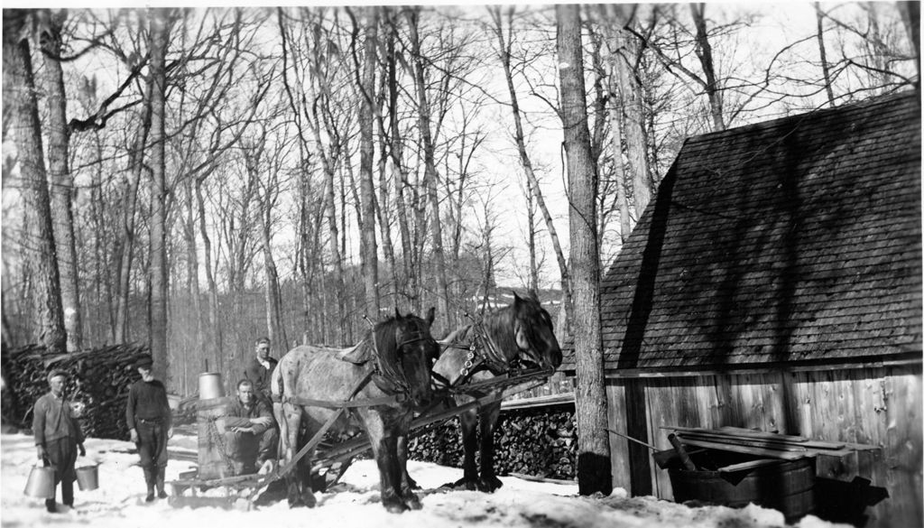 Miniature of Men and horses in front of a sugarhouse