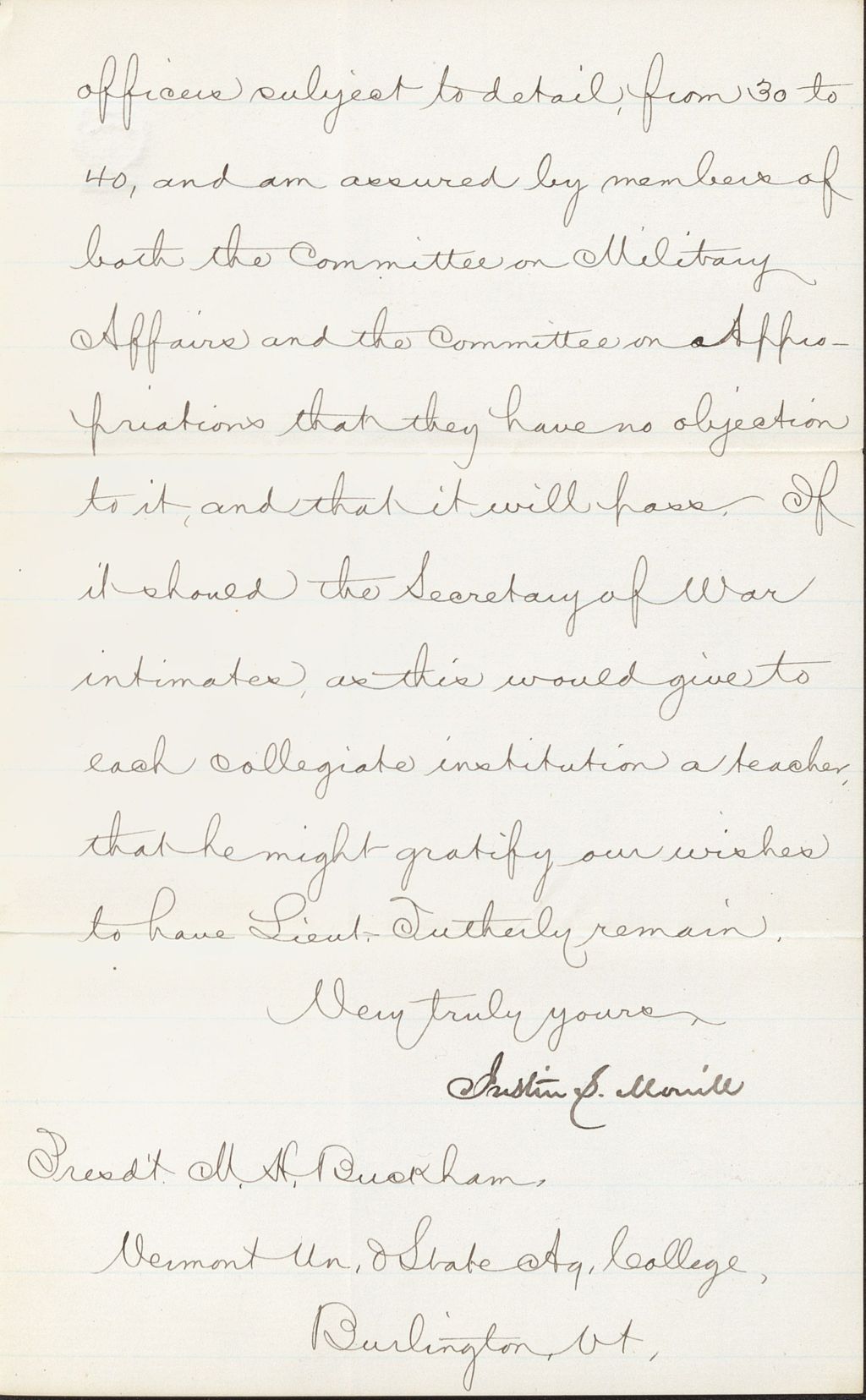 Miniature of Justin Smith Morrill to Matthew H. Buckham, May 10, 1884
